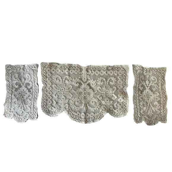 Antique Bosa Lace Handmade Antimacassar Set Intricate Net & Darning Italy Doily - Picture 2 of 16